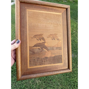Vintage Marquetry Art Inlaid Wood Dolphins Ocean Beach Framed 10" x 12.5"